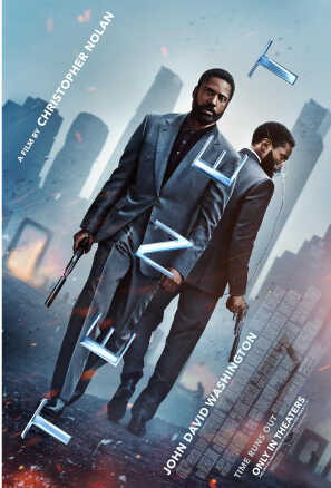 Poster: John David Washington walks past himself holding a gun
