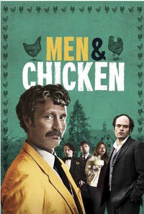 Poster: Portrait of strange looking man in a yellow suit next to a bunch of other strange looking men